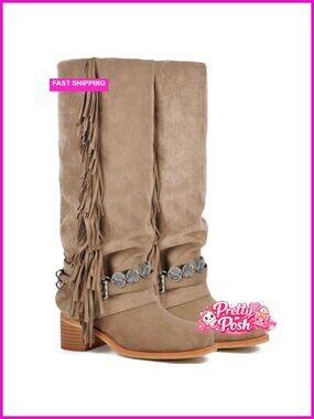 Women's Knee High Riding Boots Fringe Buckle Straps Chunky Heel Square Toe